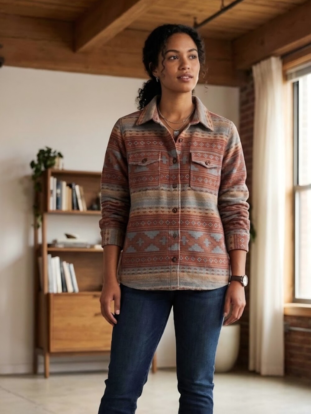 Back In The Saddle  Aztec-Pattern Button-Front Shacket in Rust Size XL